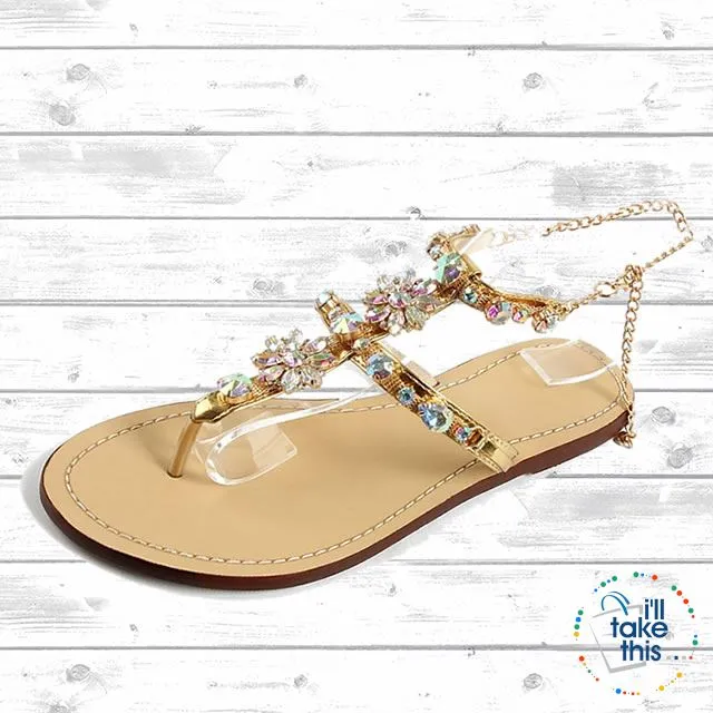 Bohemian Crystal Flat Heel Sandals encrusted with Rhinestone Crystal with Chain clasp Flip Flops