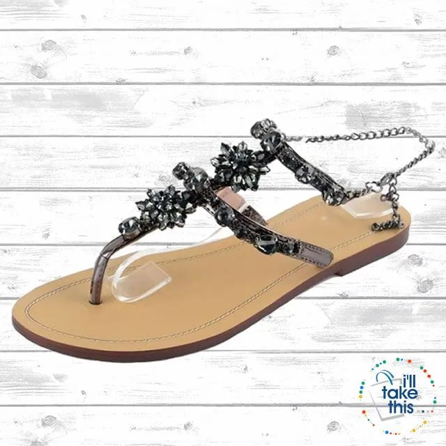 Bohemian Crystal Flat Heel Sandals encrusted with Rhinestone Crystal with Chain clasp Flip Flops