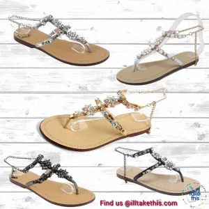 Bohemian Crystal Flat Heel Sandals encrusted with Rhinestone Crystal with Chain clasp Flip Flops