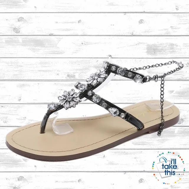 Bohemian Crystal Flat Heel Sandals encrusted with Rhinestone Crystal with Chain clasp Flip Flops