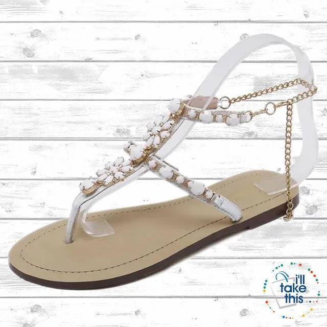 Bohemian Crystal Flat Heel Sandals encrusted with Rhinestone Crystal with Chain clasp Flip Flops