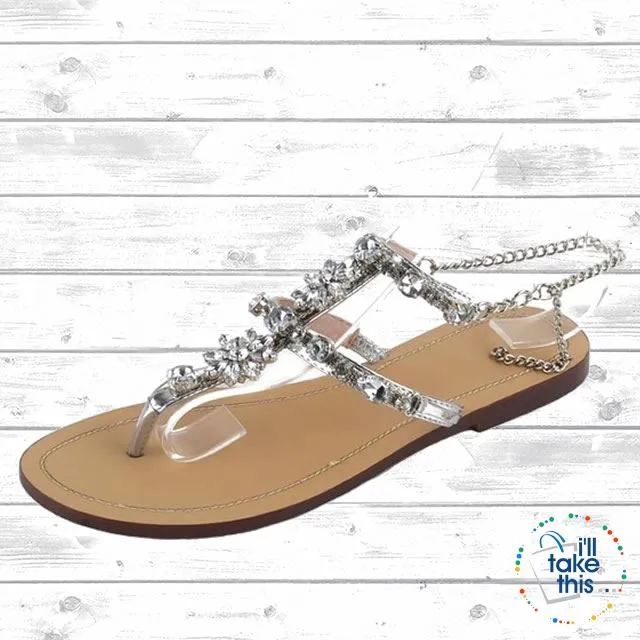 Bohemian Crystal Flat Heel Sandals encrusted with Rhinestone Crystal with Chain clasp Flip Flops