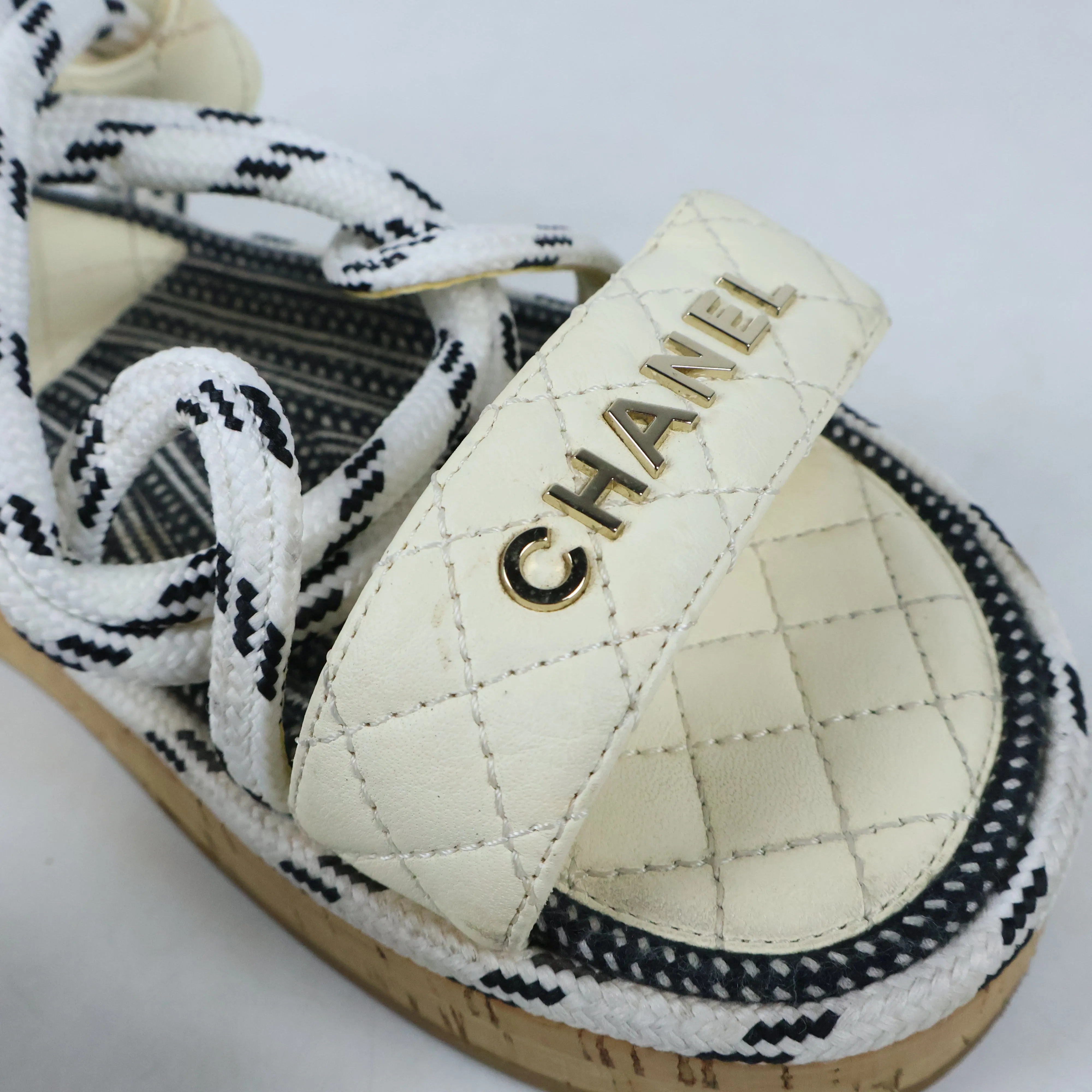 Chanel Cord Logo Sandals 39 White Black