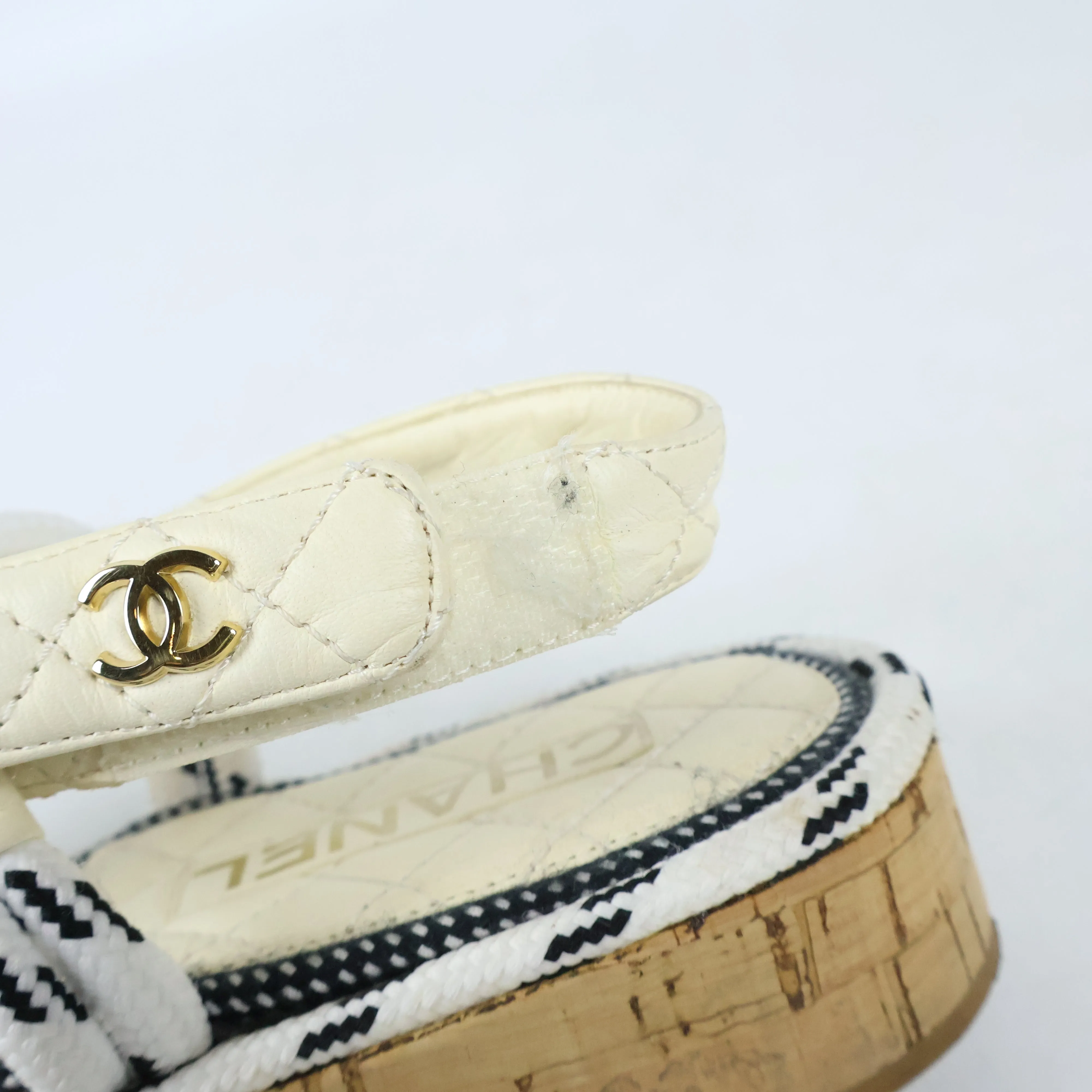 Chanel Cord Logo Sandals 39 White Black