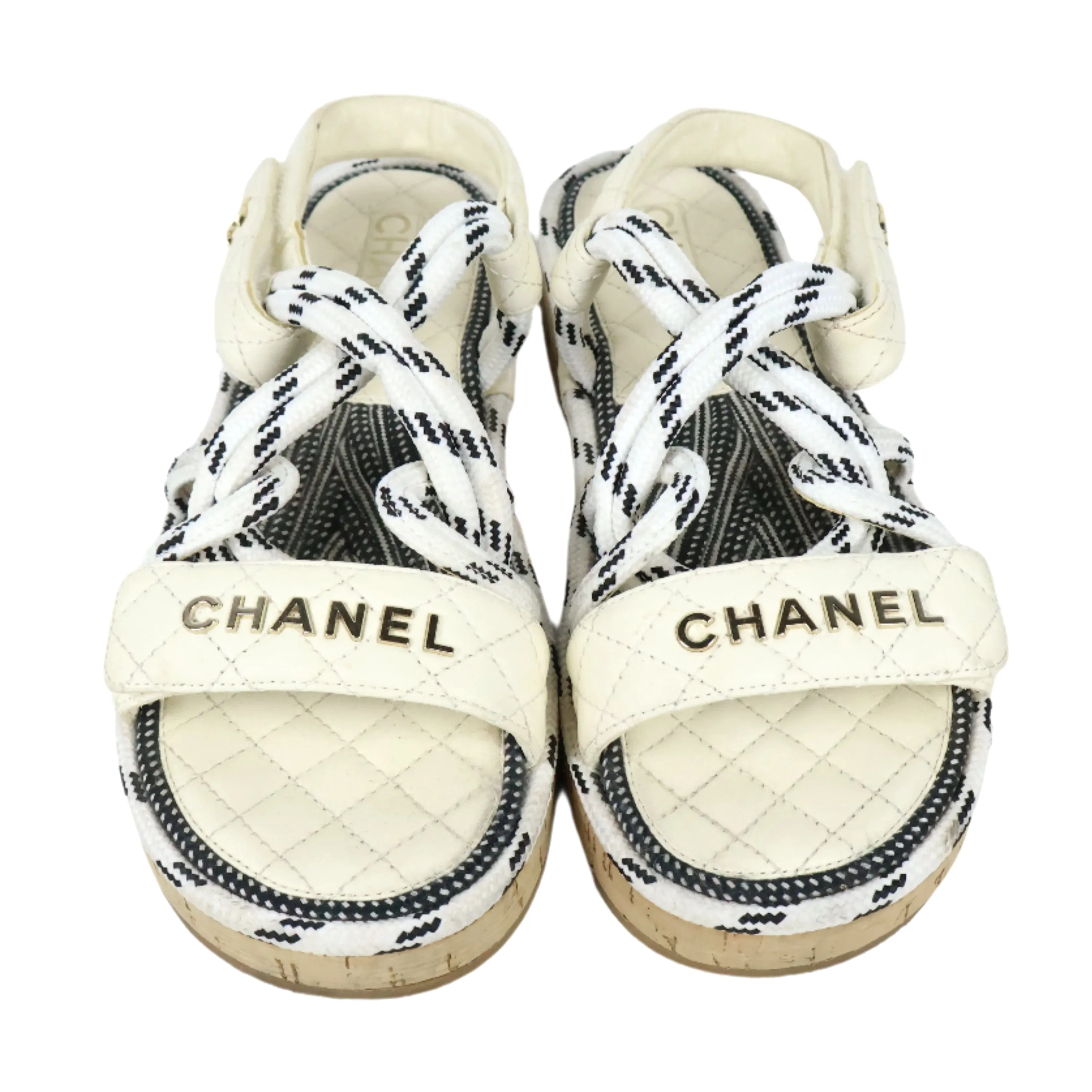 Chanel Cord Logo Sandals 39 White Black