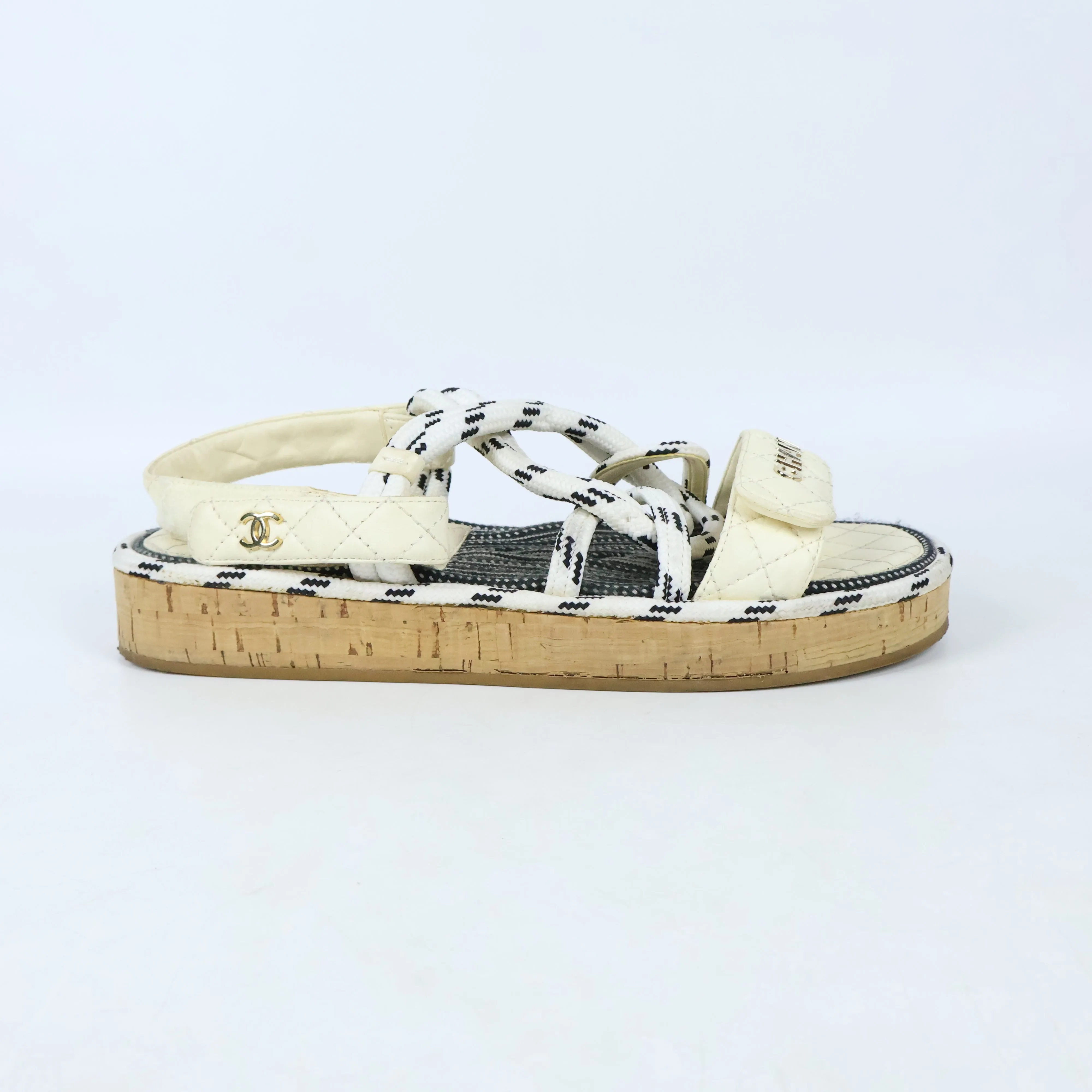 Chanel Cord Logo Sandals 39 White Black