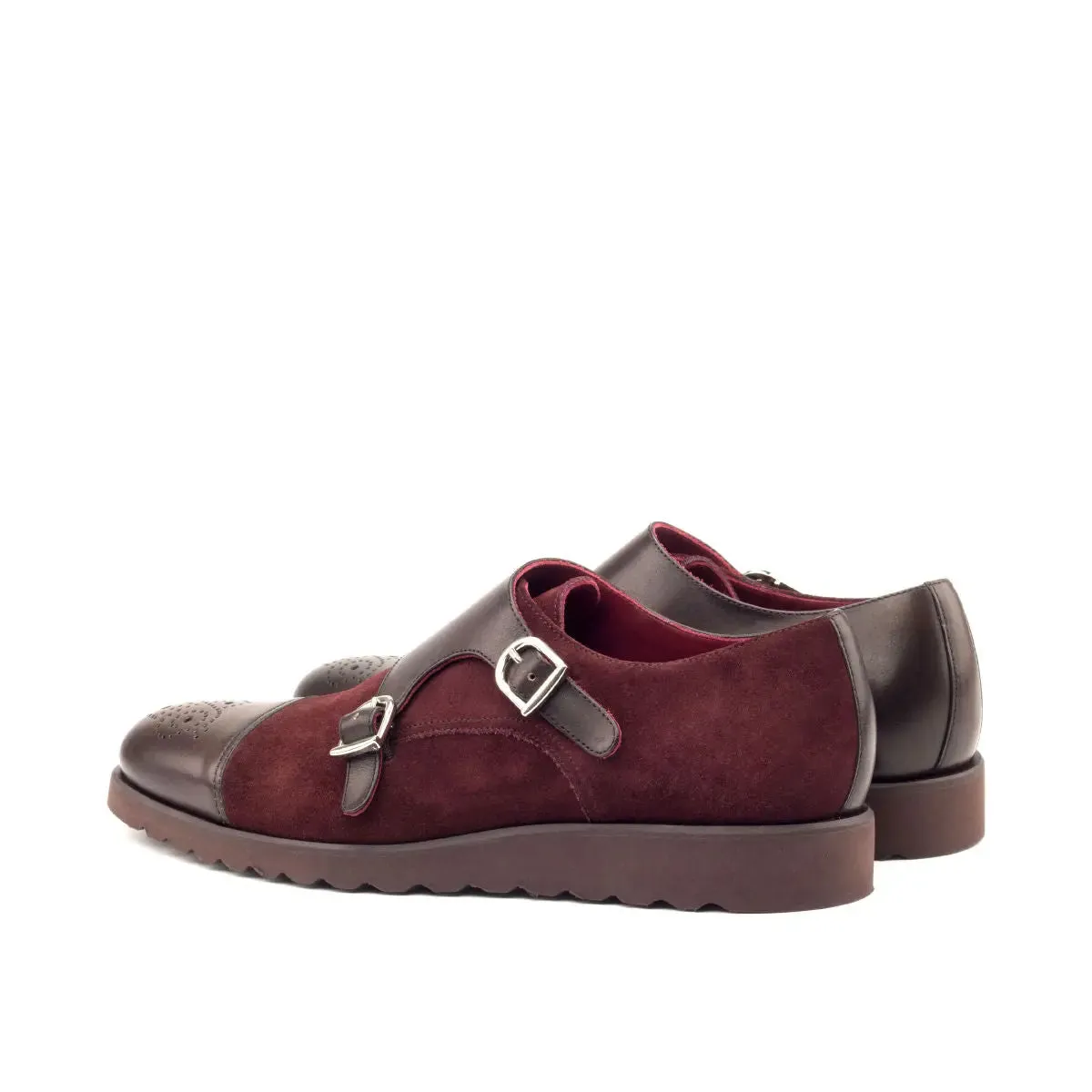 DapperFam Monaco in Burgundy / Dark Brown Men's Lux Suede & Italian Leather Double Monk