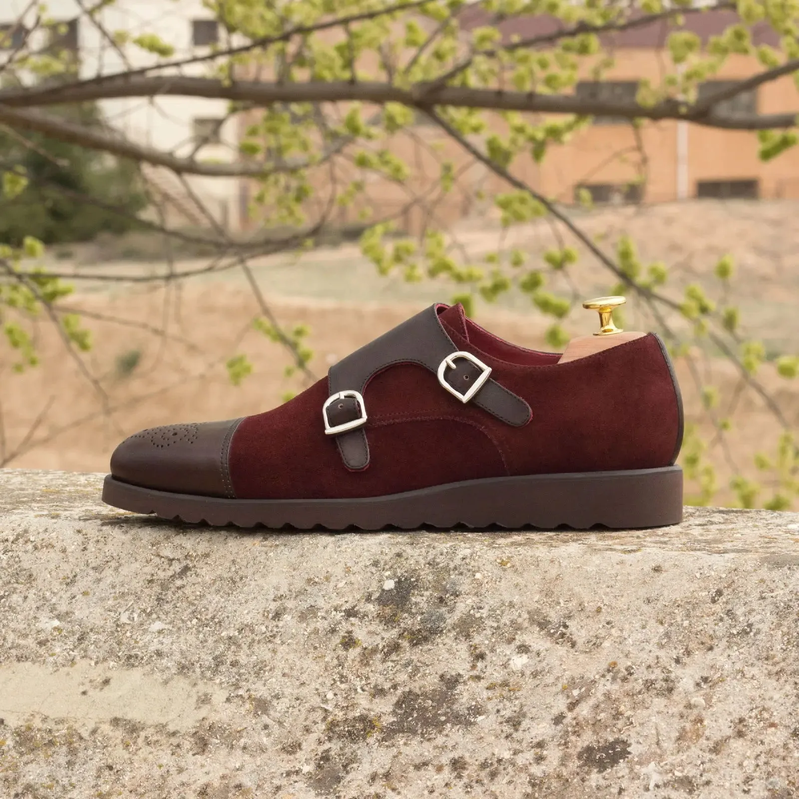 DapperFam Monaco in Burgundy / Dark Brown Men's Lux Suede & Italian Leather Double Monk