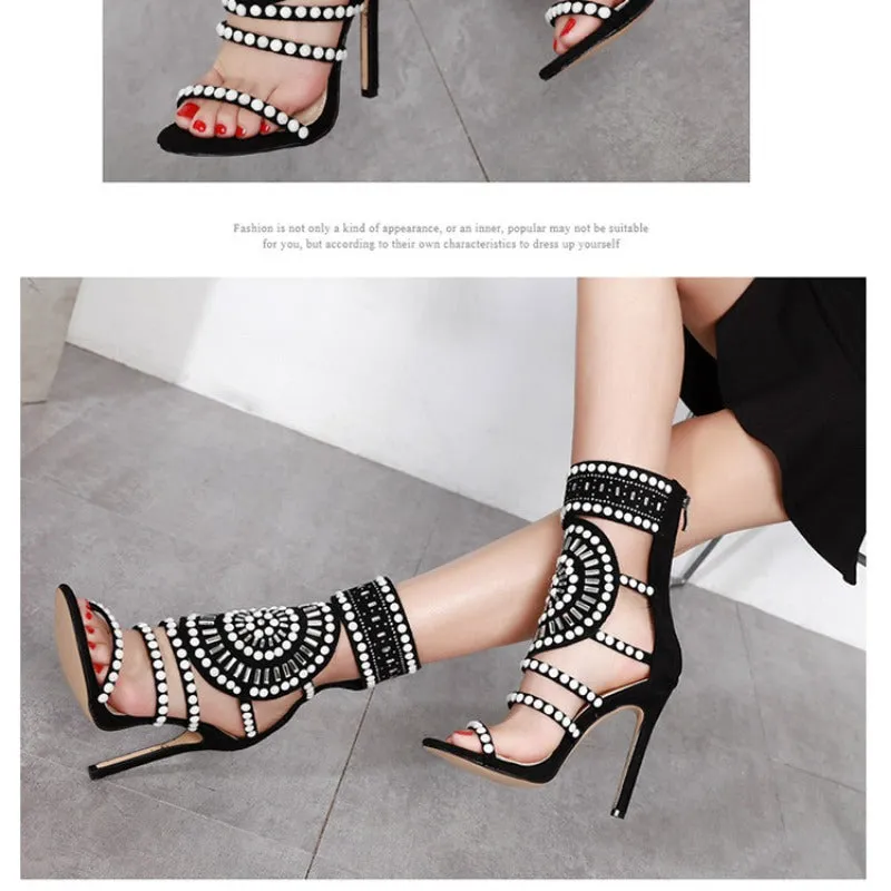 Fashionable Hollowed-out Rhinestone Stiletto Roman Sandals