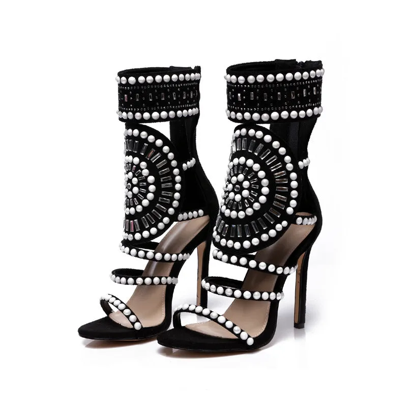 Fashionable Hollowed-out Rhinestone Stiletto Roman Sandals