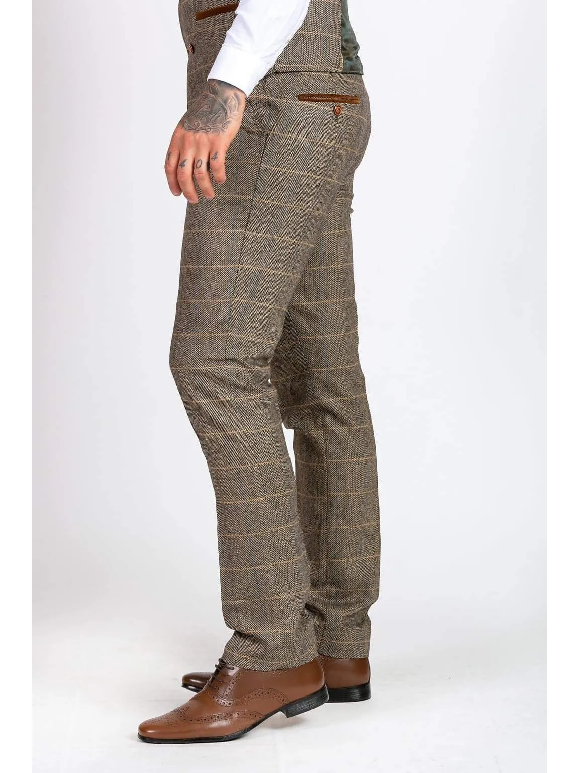 Marc Darcy Ted Tan Heritage Tweed Check Trousers