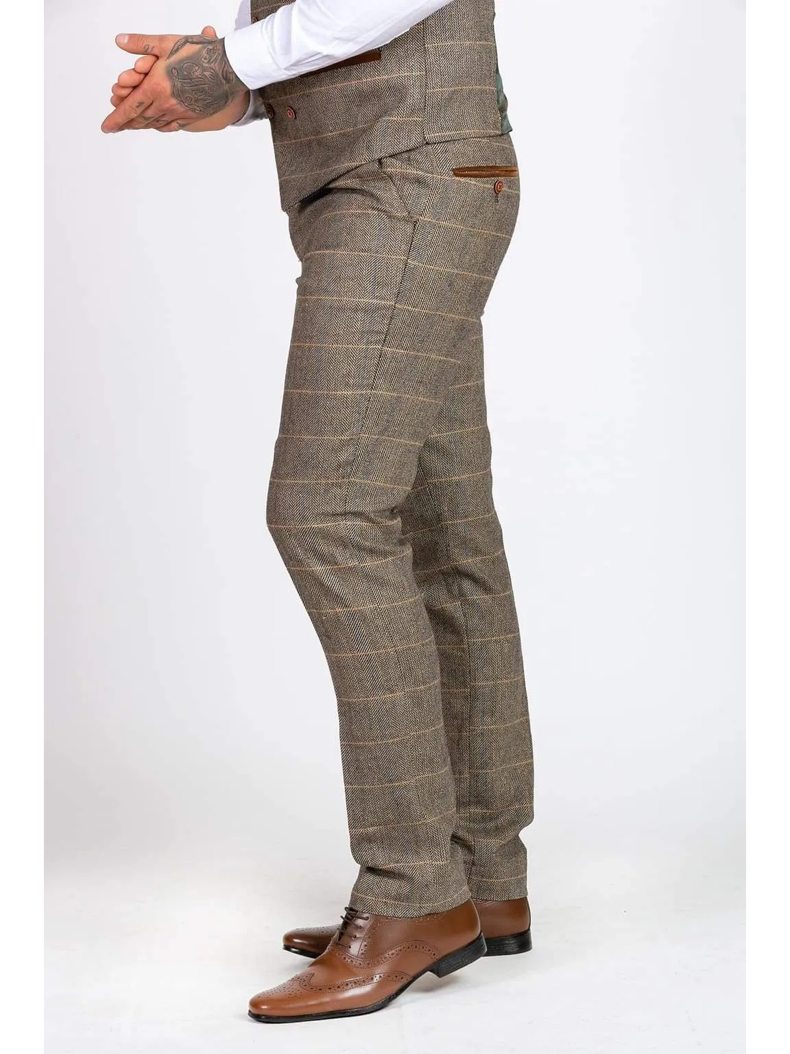 Marc Darcy Ted Tan Heritage Tweed Check Trousers