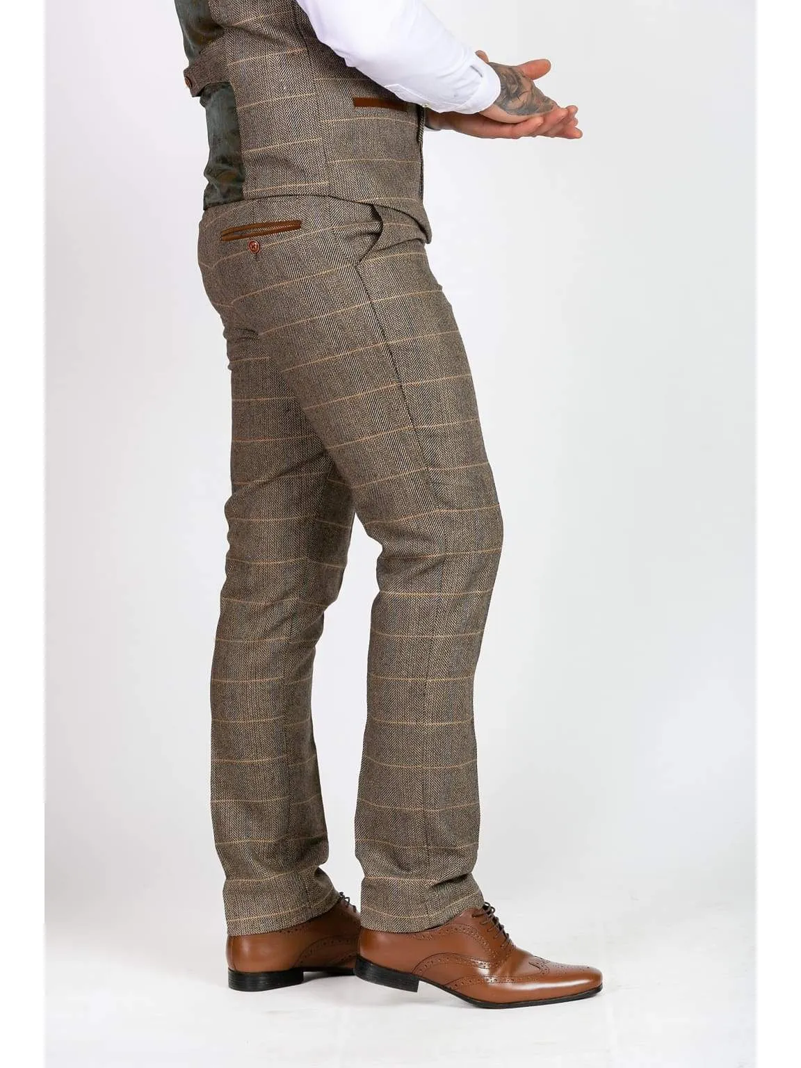 Marc Darcy Ted Tan Heritage Tweed Check Trousers