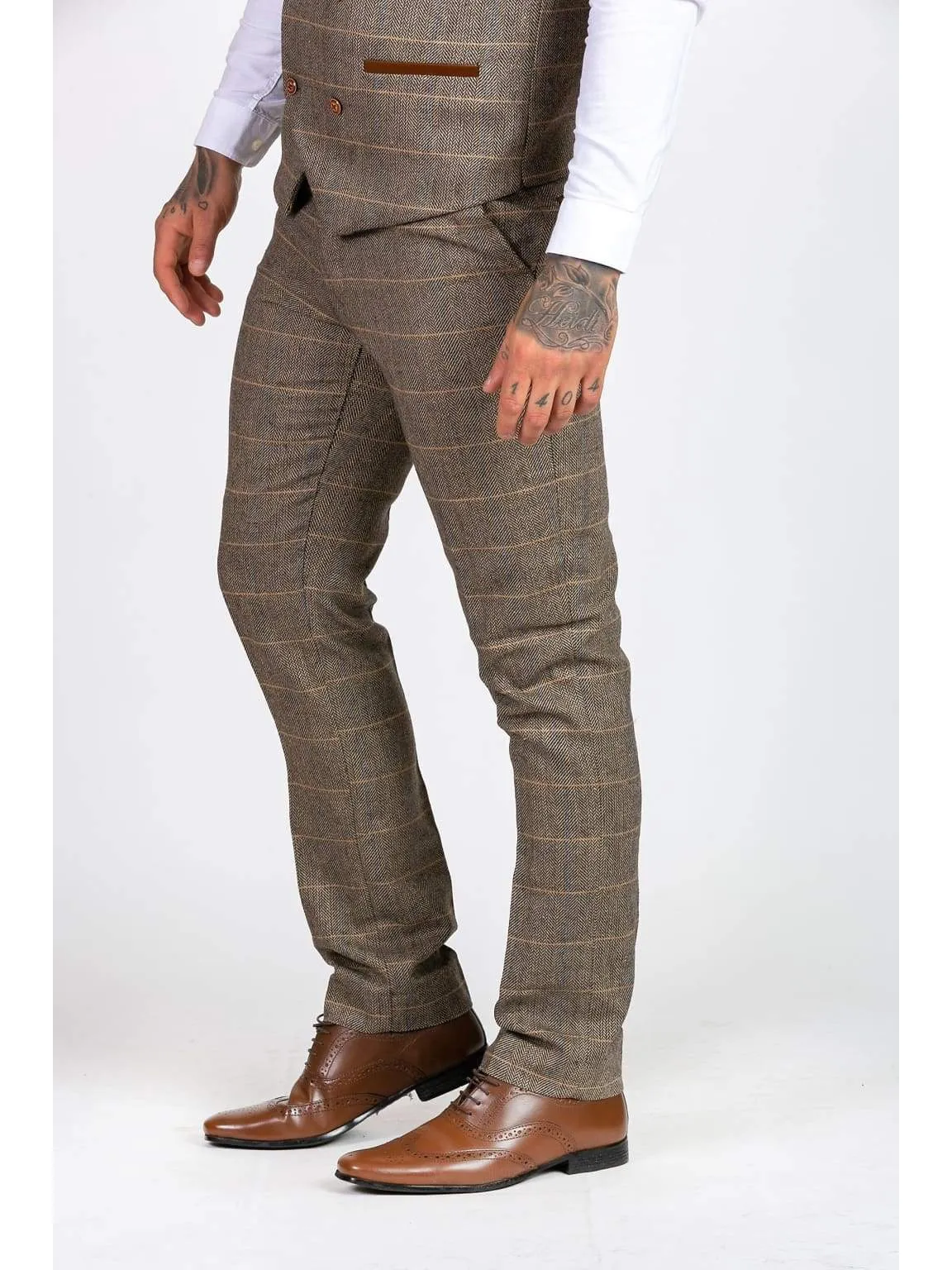 Marc Darcy Ted Tan Heritage Tweed Check Trousers