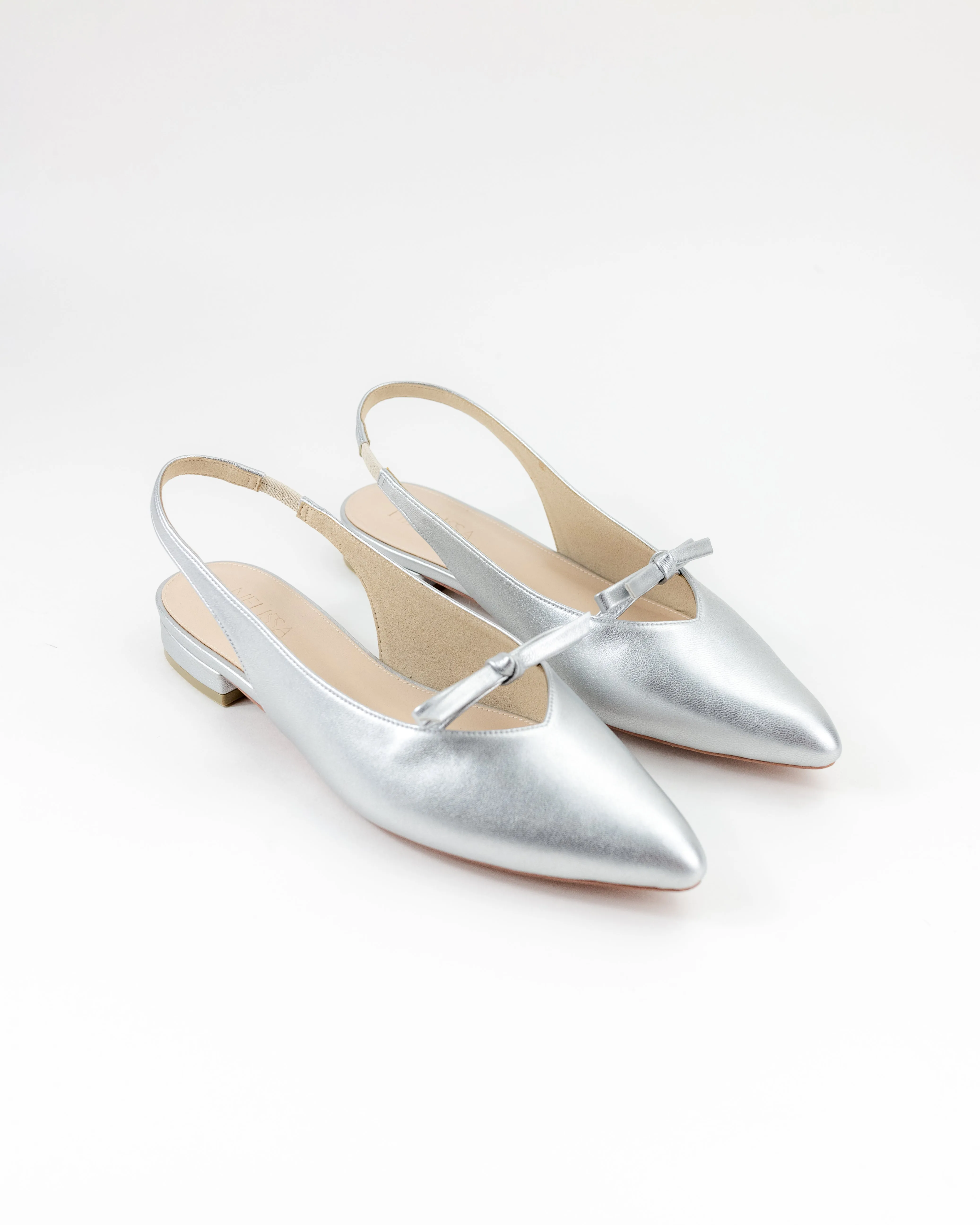 Shae Ribbon Pointy Flat Mules (Silver)