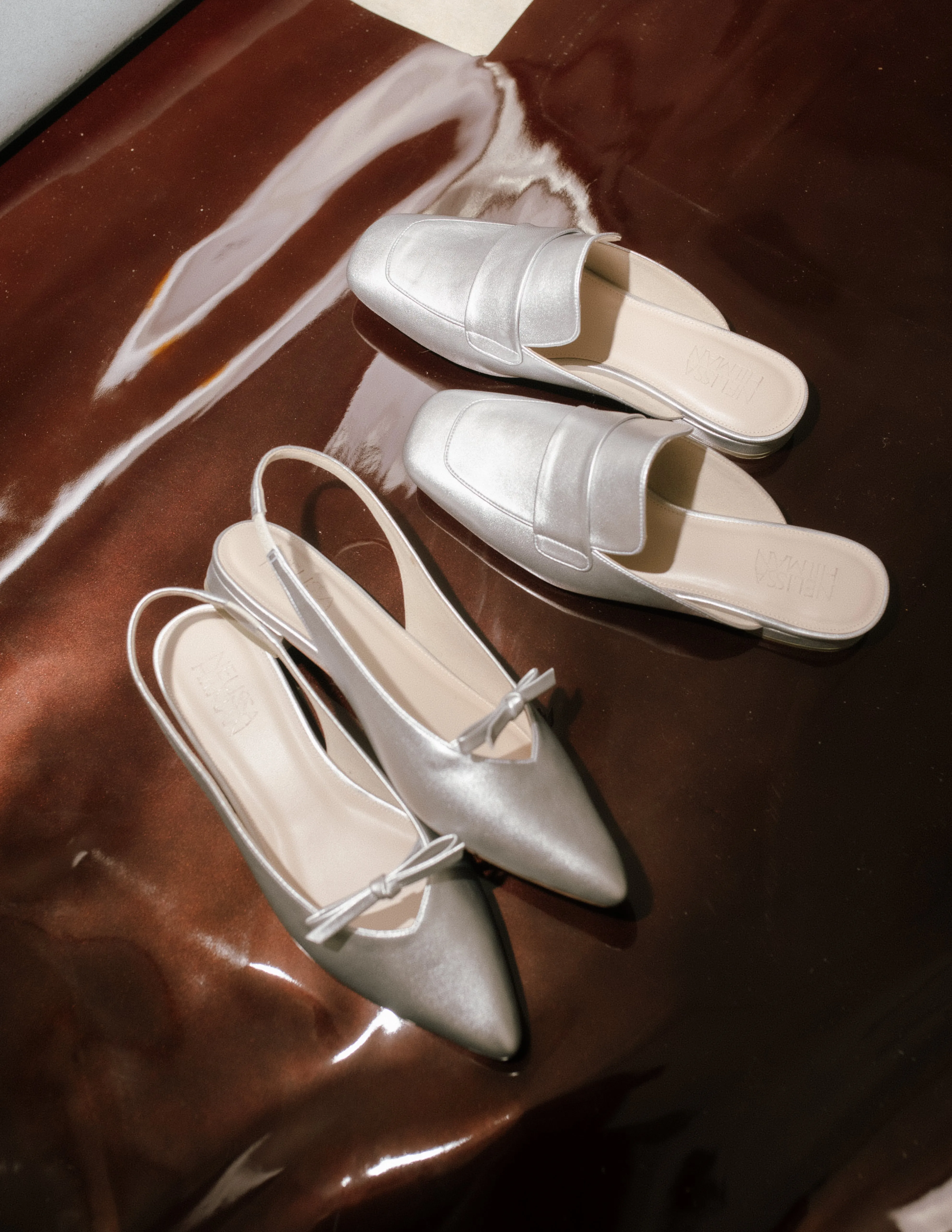 Shae Ribbon Pointy Flat Mules (Silver)