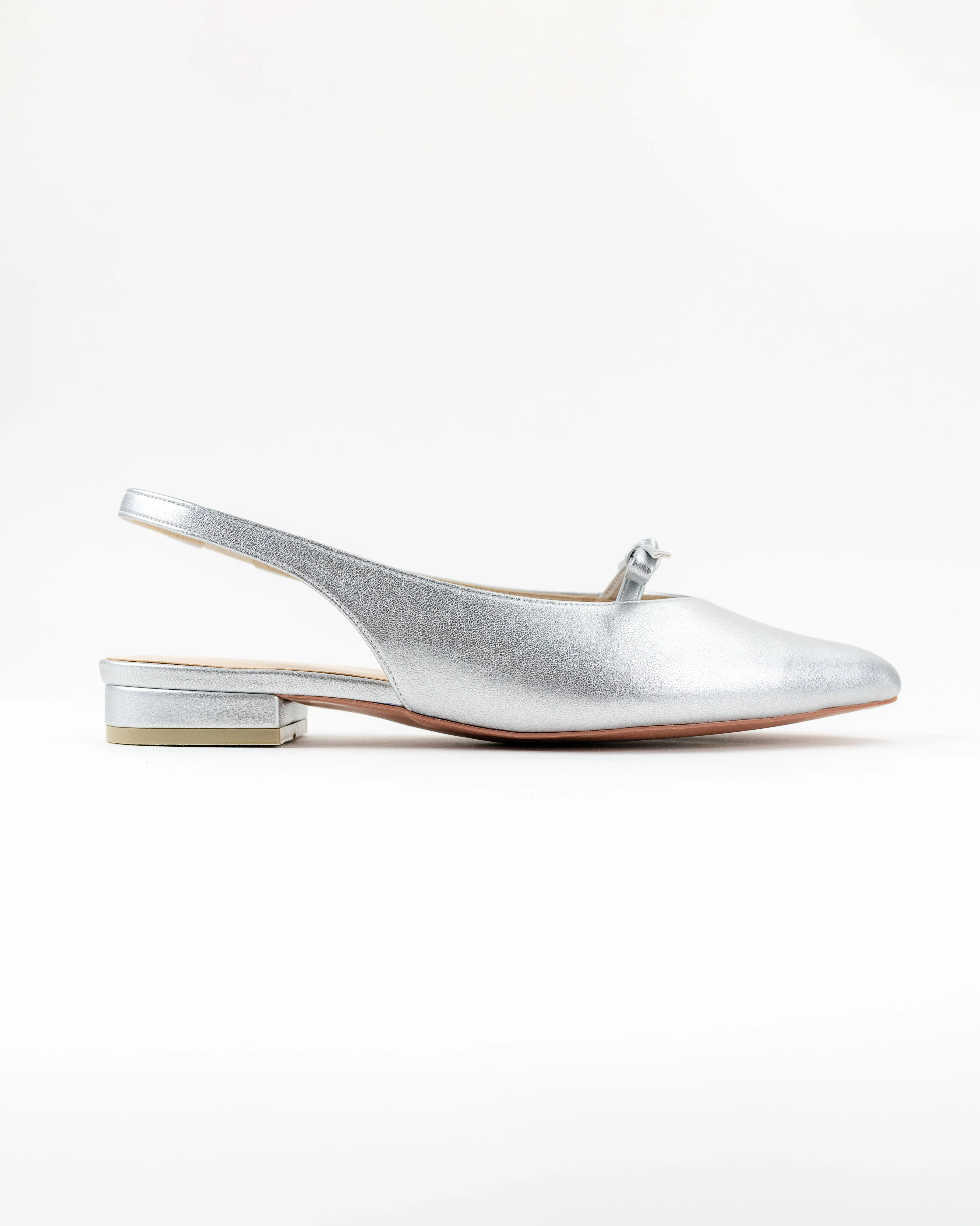 Shae Ribbon Pointy Flat Mules (Silver)