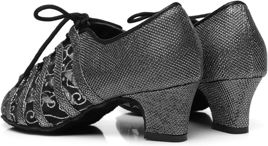 Women's Stylish Round Toe Mesh Sparkle Material Synthetic Ballroom Morden Tango Party Wedding Professional Dance Shoes