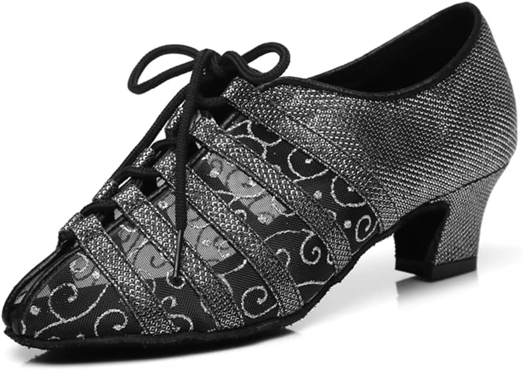 Women's Stylish Round Toe Mesh Sparkle Material Synthetic Ballroom Morden Tango Party Wedding Professional Dance Shoes