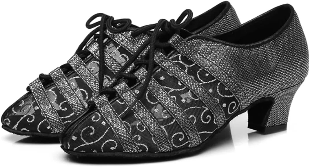 Women's Stylish Round Toe Mesh Sparkle Material Synthetic Ballroom Morden Tango Party Wedding Professional Dance Shoes