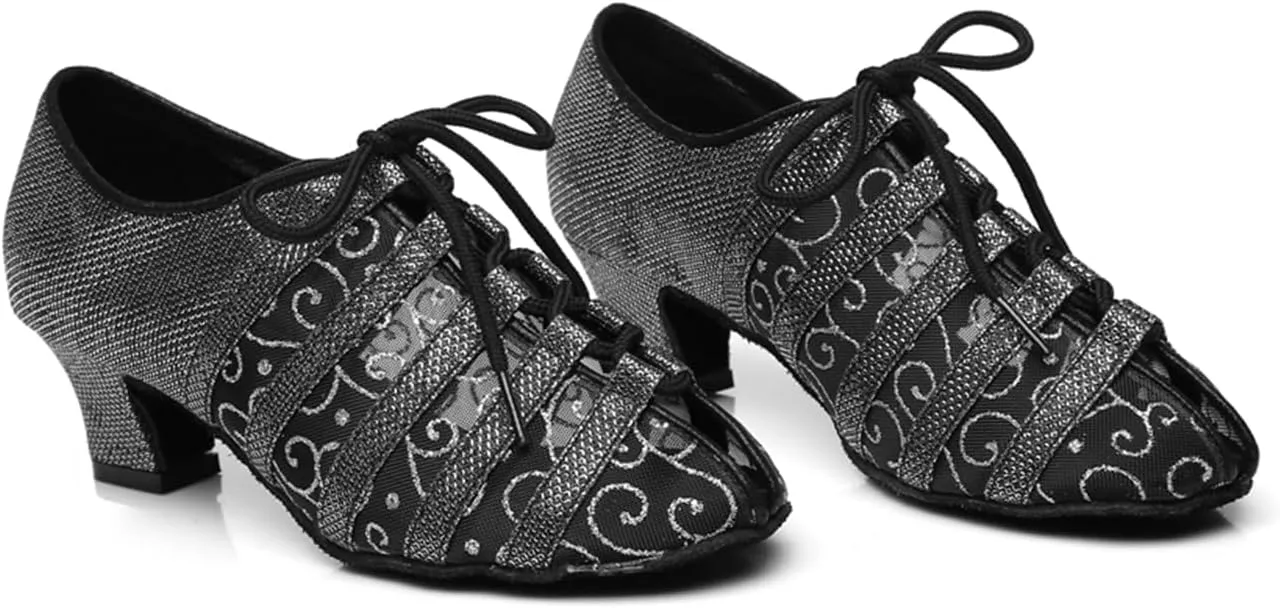 Women's Stylish Round Toe Mesh Sparkle Material Synthetic Ballroom Morden Tango Party Wedding Professional Dance Shoes