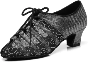 Women's Stylish Round Toe Mesh Sparkle Material Synthetic Ballroom Morden Tango Party Wedding Professional Dance Shoes